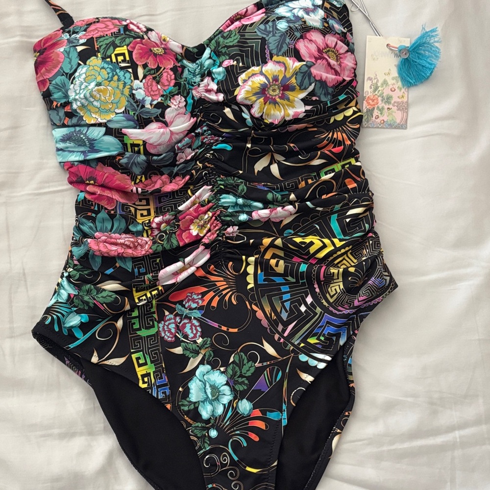 Johnny Was Multicolor Floral One Piece Swimsuit Ruched Sweetheart S